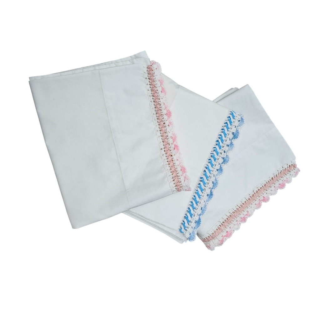 Cannon Pacific Pillowcase Set Standard White Pink Blue Crochet Lace Vintage 3pc